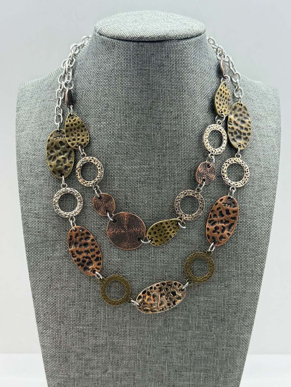 Boho Mixed Metal Hammered Statement Necklace – Silver, Copper & Brass Layered Li